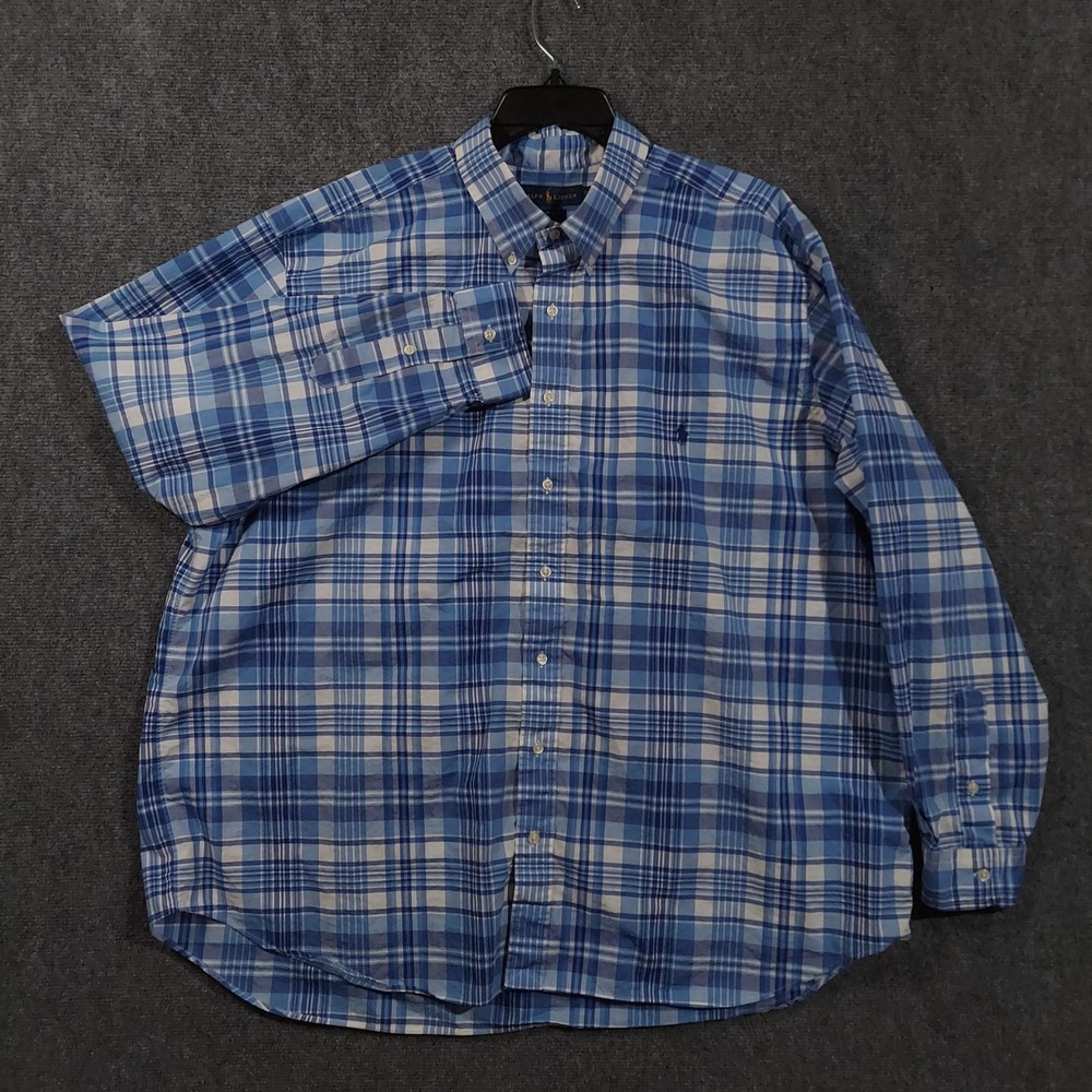 Ralph Lauren Shirt Mens Big 2X Blue Plaid Long Sleeve Button-Up Cotton - Picture 5 of 10